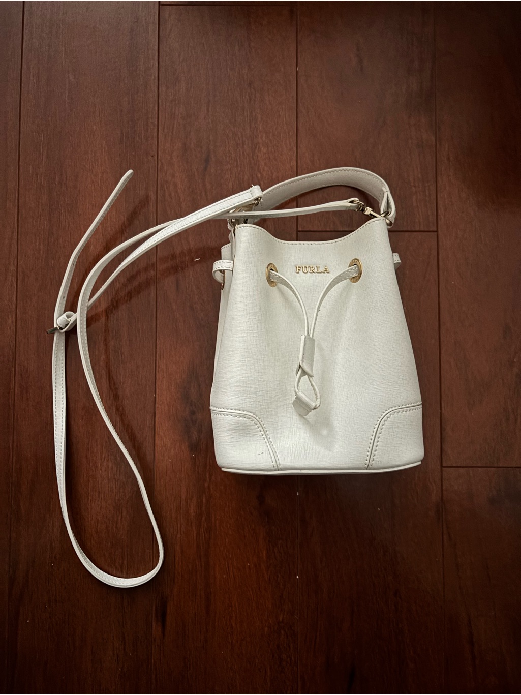 Furla Cream Leather Drawstring Crossbody Bucket Bag